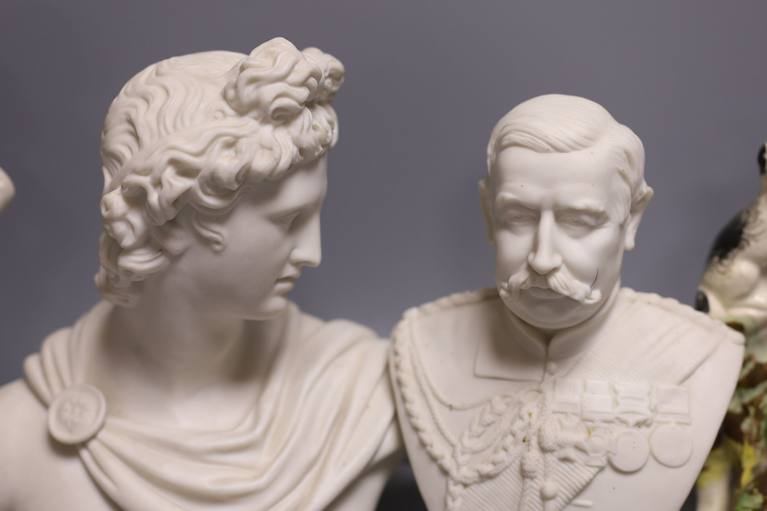 Two parian busts and a similar figure and two items of Staffordshire pottery - tallest 26cm